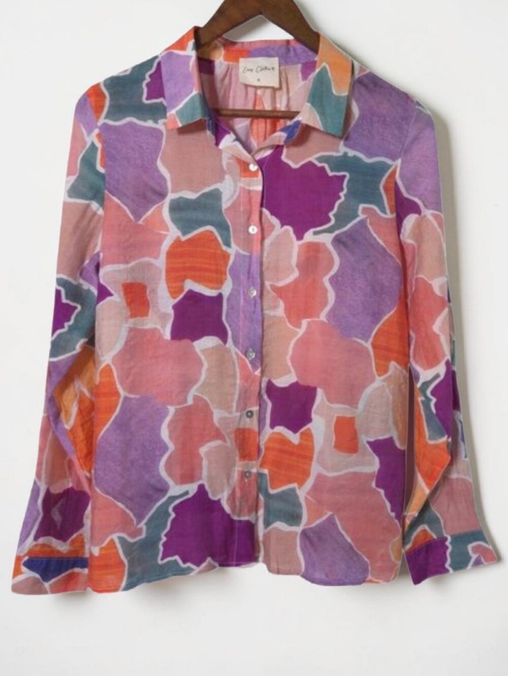 Easy Clothes Bold Floral Button Down Shirt Size S Silk Blend Pastel Lightweight